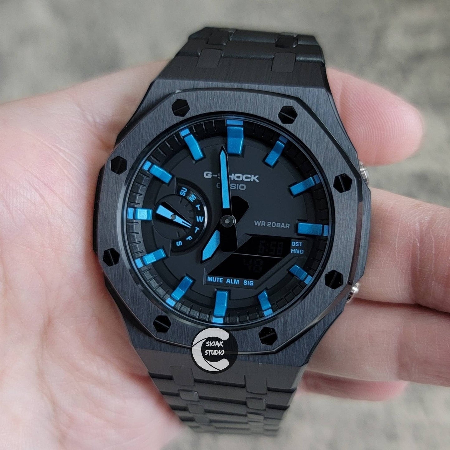 Casioak Mod Watch Black Case Metal Strap Black Blue Time Mark Black Dial 44mm- Casioak Mod Casio G-Shock Royal Oak Custom Mens Luxury Watches Ga2100