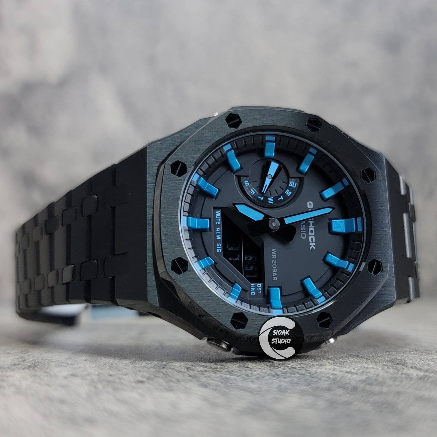 Casioak Mod Watch Black Case Metal Strap Black Blue Time Mark Black Dial 44mm- Casioak Mod Casio G-Shock Royal Oak Custom Mens Luxury Watches Ga2100