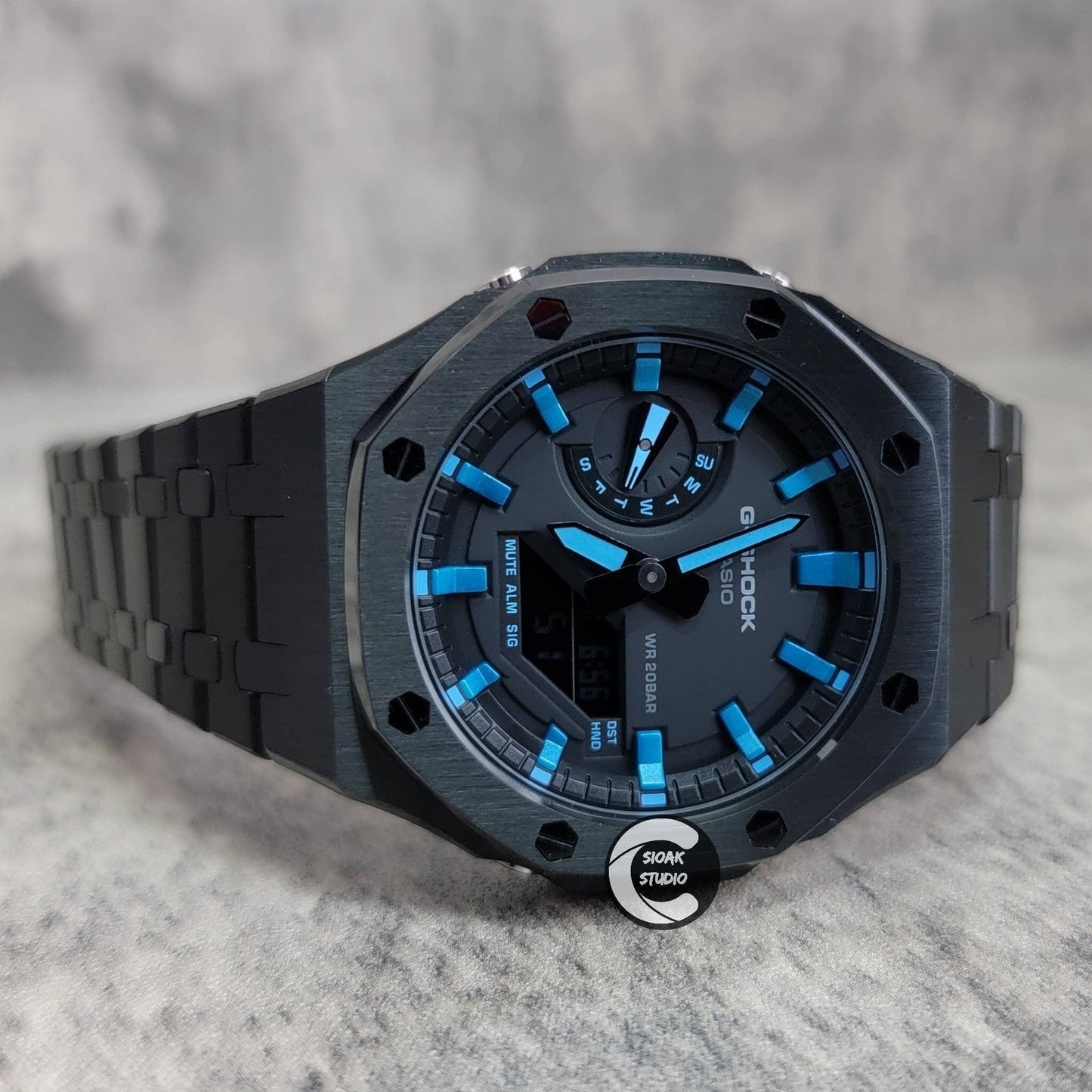 Casioak Mod Watch Black Case Metal Strap Black Blue Time Mark Black Dial 44mm- Casioak Mod Casio G-Shock Royal Oak Custom Mens Luxury Watches Ga2100