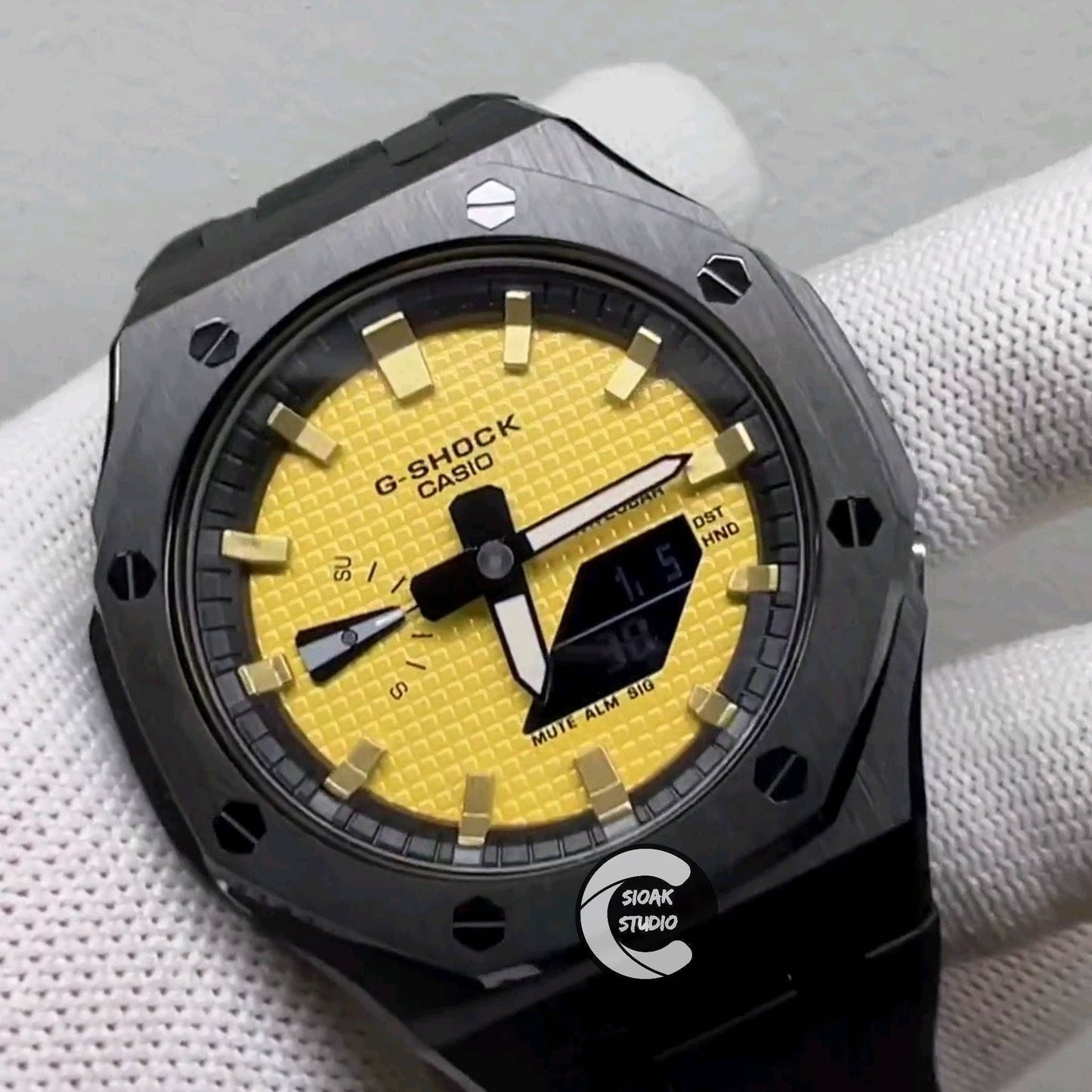 Casioak Mod Watch Black Case Metal Strap Black Gold Time Mark Yellow Dial 44mm- Casioak Mod Casio G-Shock Royal Oak Custom Mens Luxury Watches Ga2100