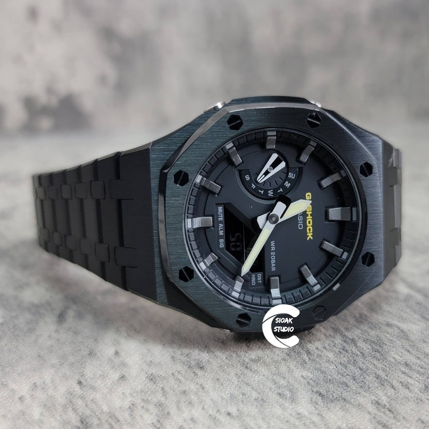 Casioak Mod Watch Black Case Metal Strap Black Gray Time Mark Black Dial 44mm- Casioak Mod Casio G-Shock Royal Oak Custom Mens Luxury Watches Ga2100