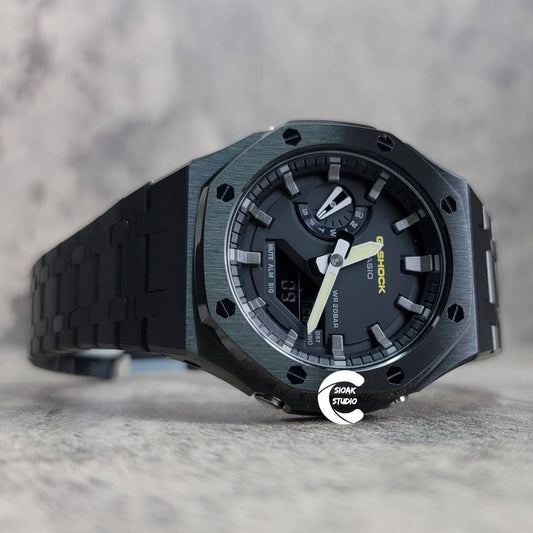 Casioak Mod Watch Black Case Metal Strap Black Gray Time Mark Black Dial 44mm- Casioak Mod Casio G-Shock Royal Oak Custom Mens Luxury Watches Ga2100