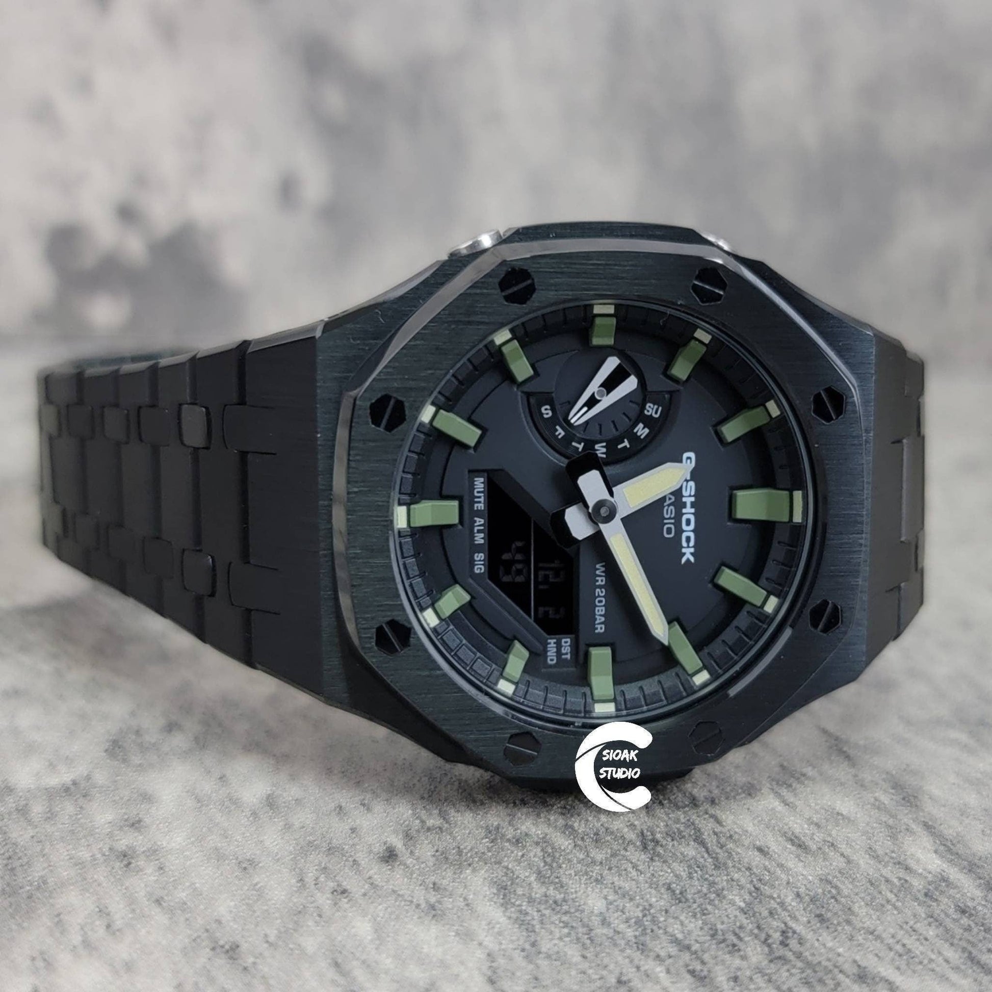 Casioak Mod Watch Black Case Metal Strap Black Green Time Mark Black Dial 44mm- Casioak Mod Casio G-Shock Royal Oak Custom Mens Luxury Watches Ga2100