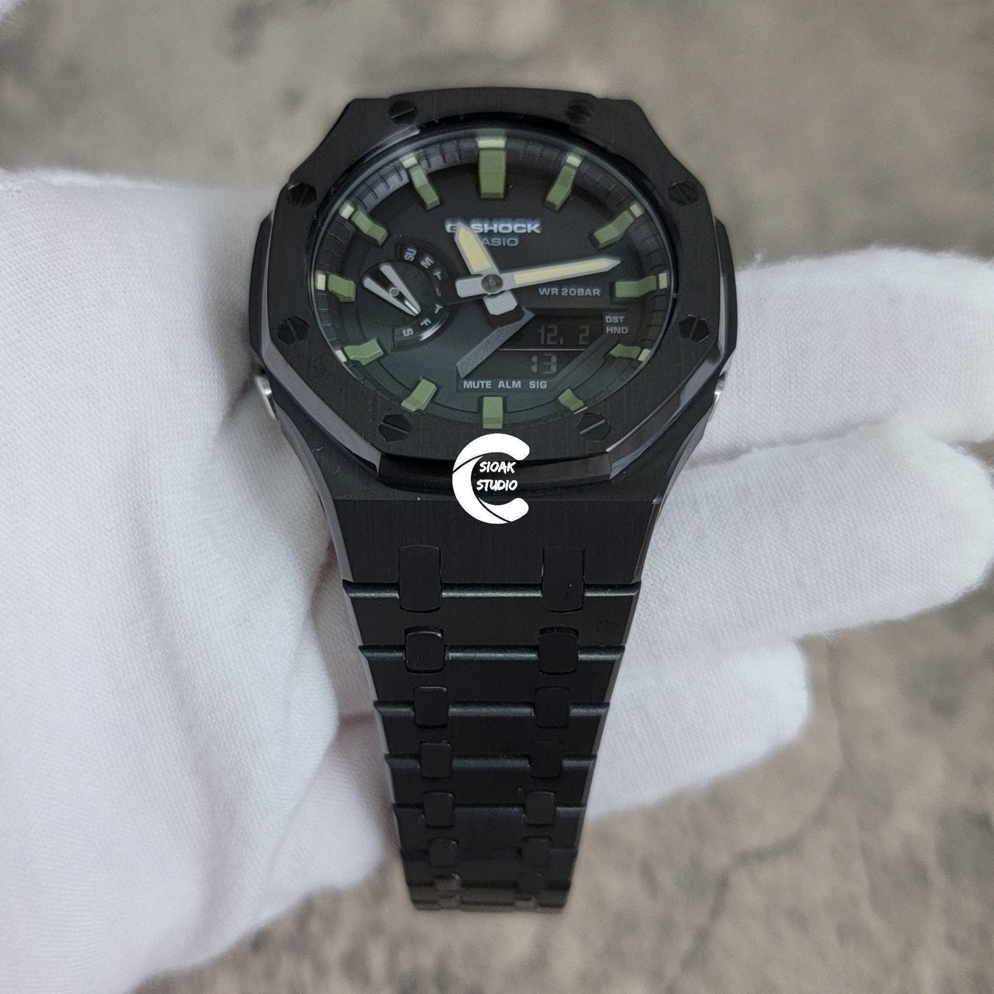 Casioak Mod Watch Black Case Metal Strap Black Green Time Mark Black Dial 44mm- Casioak Mod Casio G-Shock Royal Oak Custom Mens Luxury Watches Ga2100