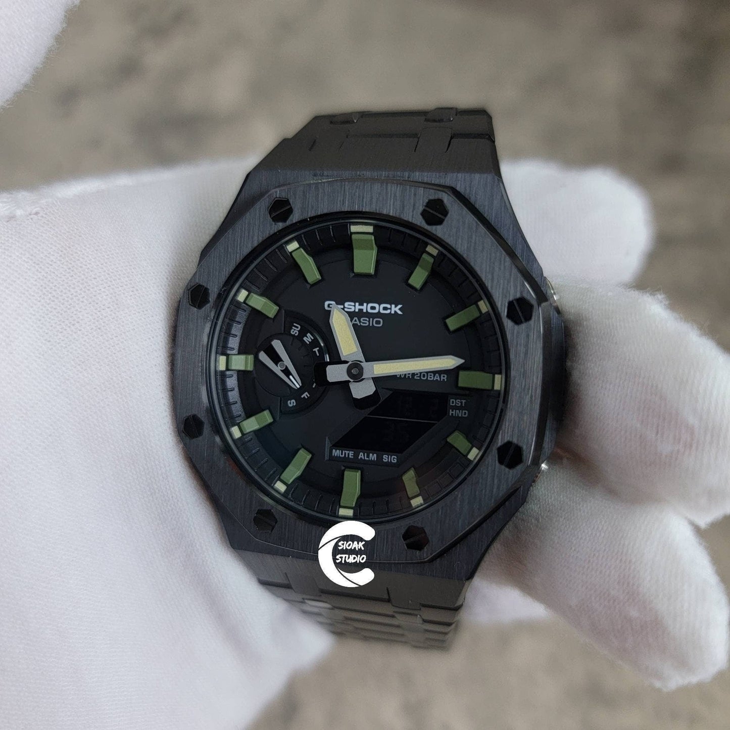 Casioak Mod Watch Black Case Metal Strap Black Green Time Mark Black Dial 44mm- Casioak Mod Casio G-Shock Royal Oak Custom Mens Luxury Watches Ga2100