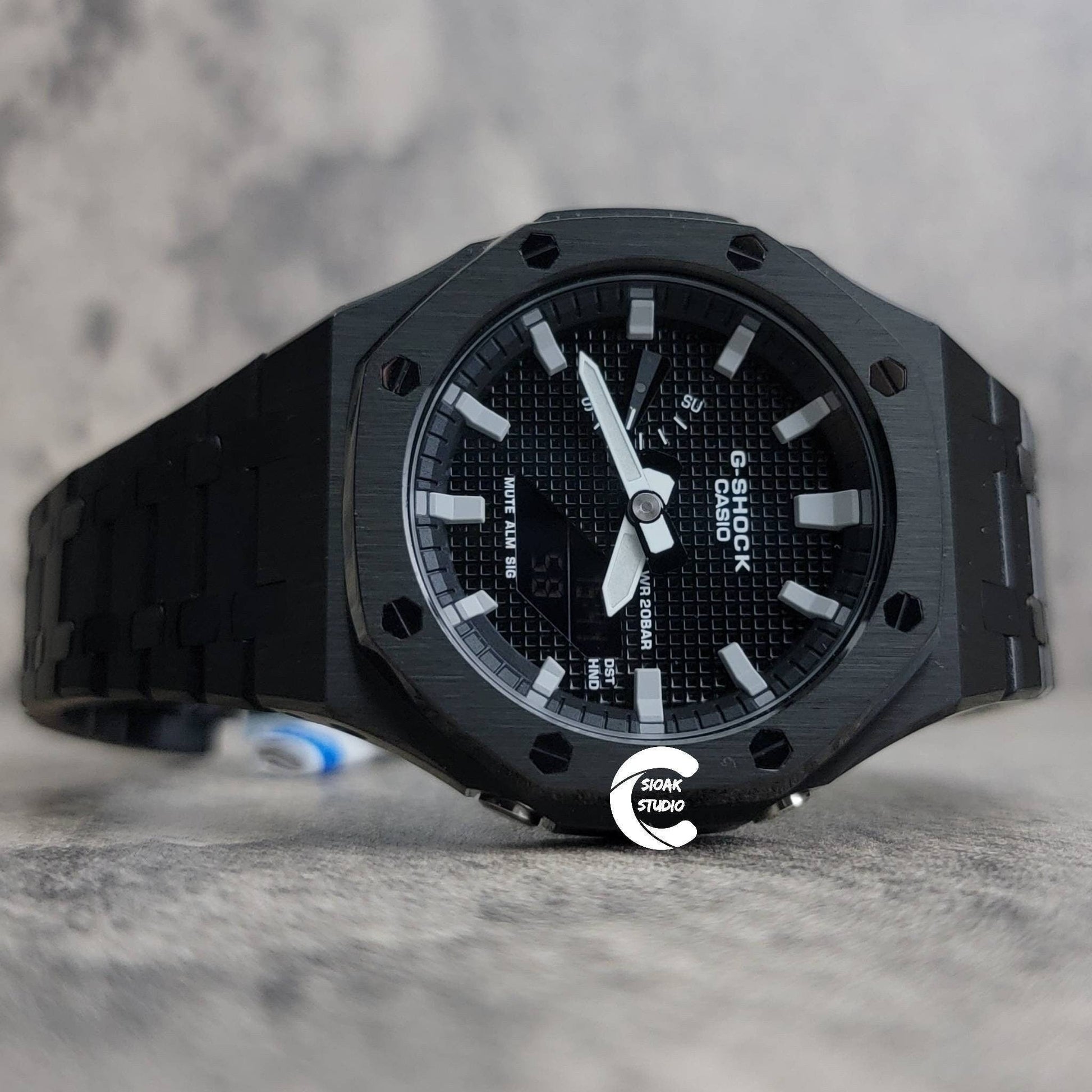 Casioak Mod Watch Black Case Metal Strap Black Light Gray Time Mark Black Waffle Dial 44mm- Casioak Mod Casio G-Shock Royal Oak Custom Mens Luxury Watches Ga2100