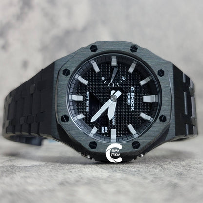 Casioak Mod Watch Black Case Metal Strap Black Light Gray Time Mark Black Waffle Dial 44mm- Casioak Mod Casio G-Shock Royal Oak Custom Mens Luxury Watches Ga2100