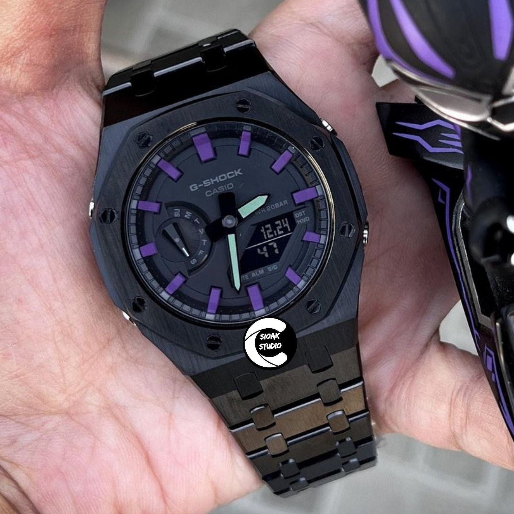 Casioak Mod Watch Black Case Metal Strap Black Purple Time Mark Black Dial 44mm- Casioak Mod Casio G-Shock Royal Oak Custom Mens Luxury Watches Ga2100