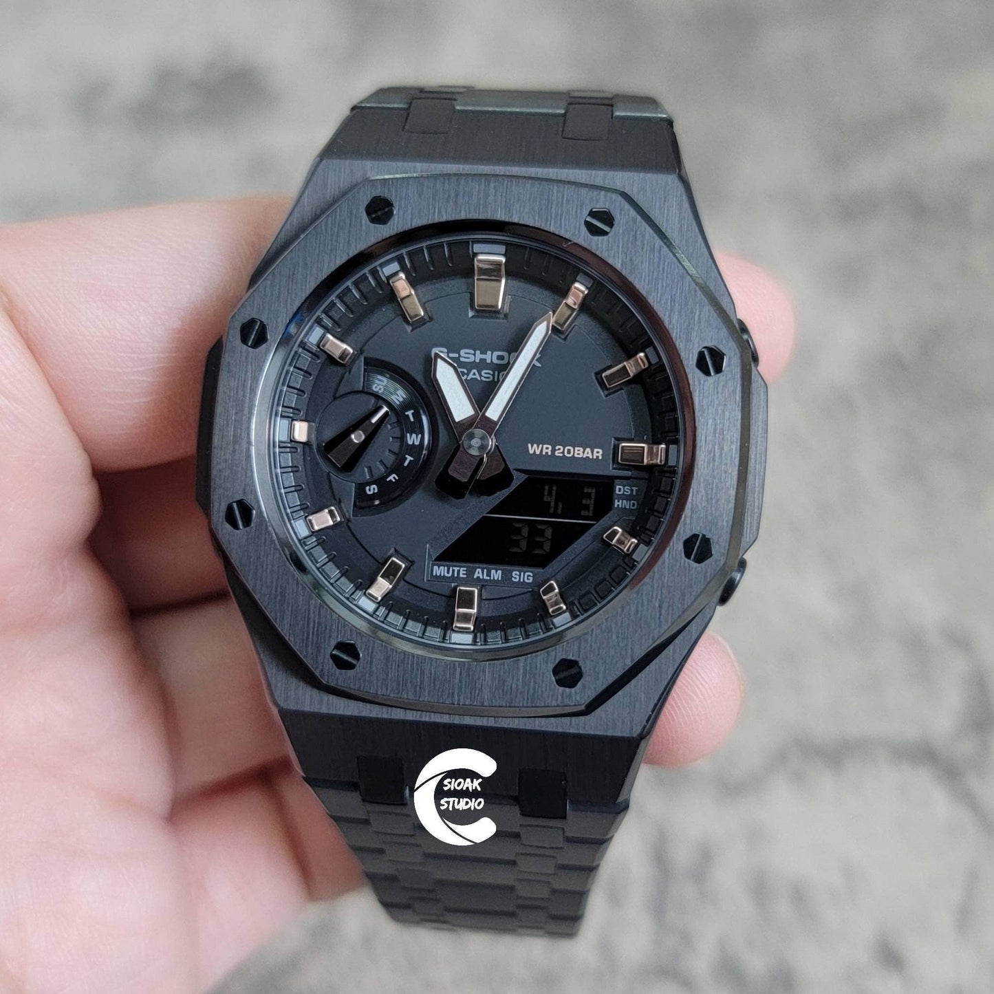 Casioak Mod Watch Black Case Metal Strap Black Rose Gold Time Mark Black Dial 42mm- Casioak Mod Casio G-Shock Royal Oak Custom Mens Luxury Watches Ga2100