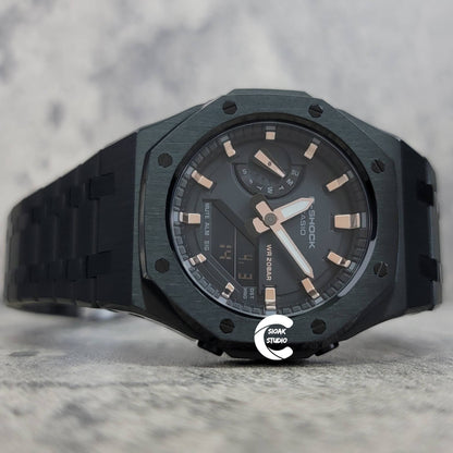 Casioak Mod Watch Black Case Metal Strap Black Rose Gold Time Mark Black Dial 42mm- Casioak Mod Casio G-Shock Royal Oak Custom Mens Luxury Watches Ga2100