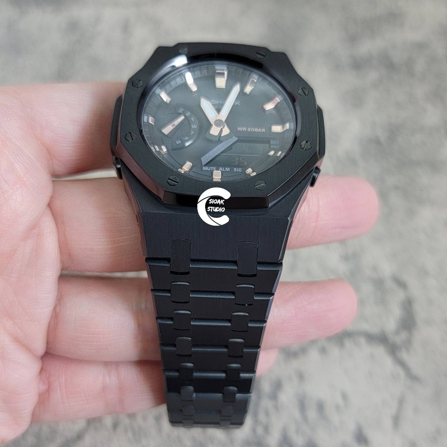 Casioak Mod Watch Black Case Metal Strap Black Rose Gold Time Mark Black Dial 42mm- Casioak Mod Casio G-Shock Royal Oak Custom Mens Luxury Watches Ga2100