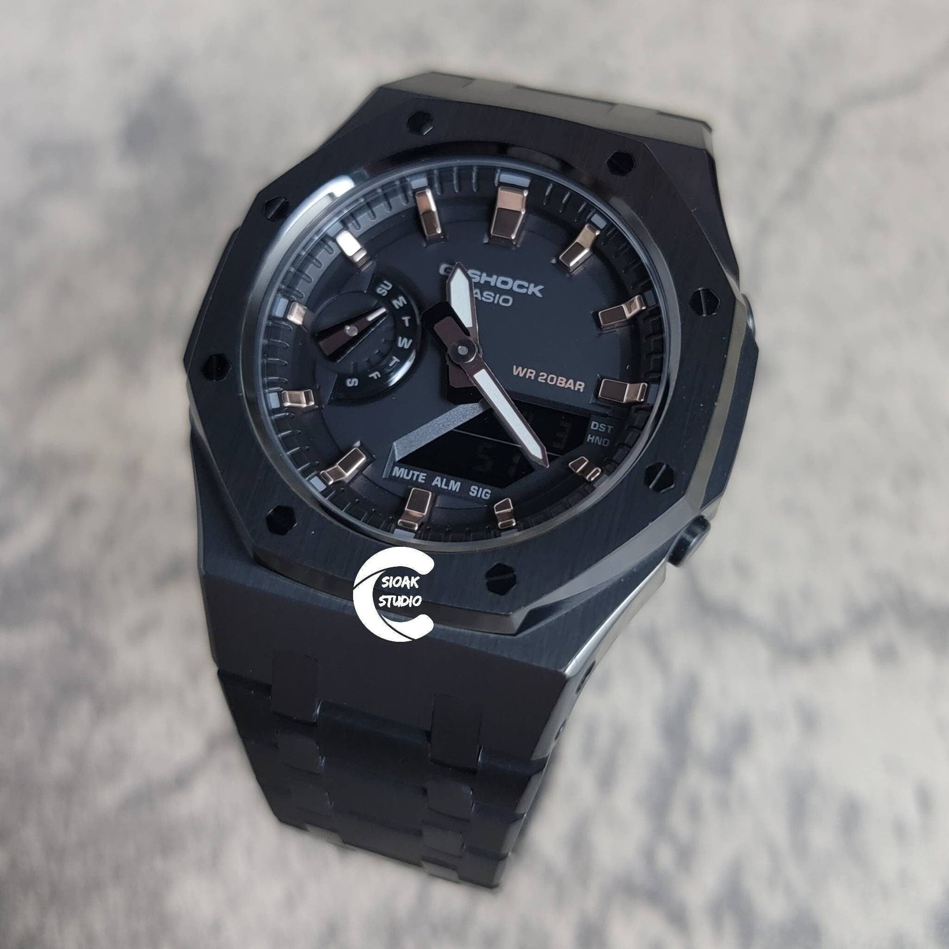 Casioak Mod Watch Black Case Metal Strap Black Rose Gold Time Mark Black Dial 42mm- Casioak Mod Casio G-Shock Royal Oak Custom Mens Luxury Watches Ga2100