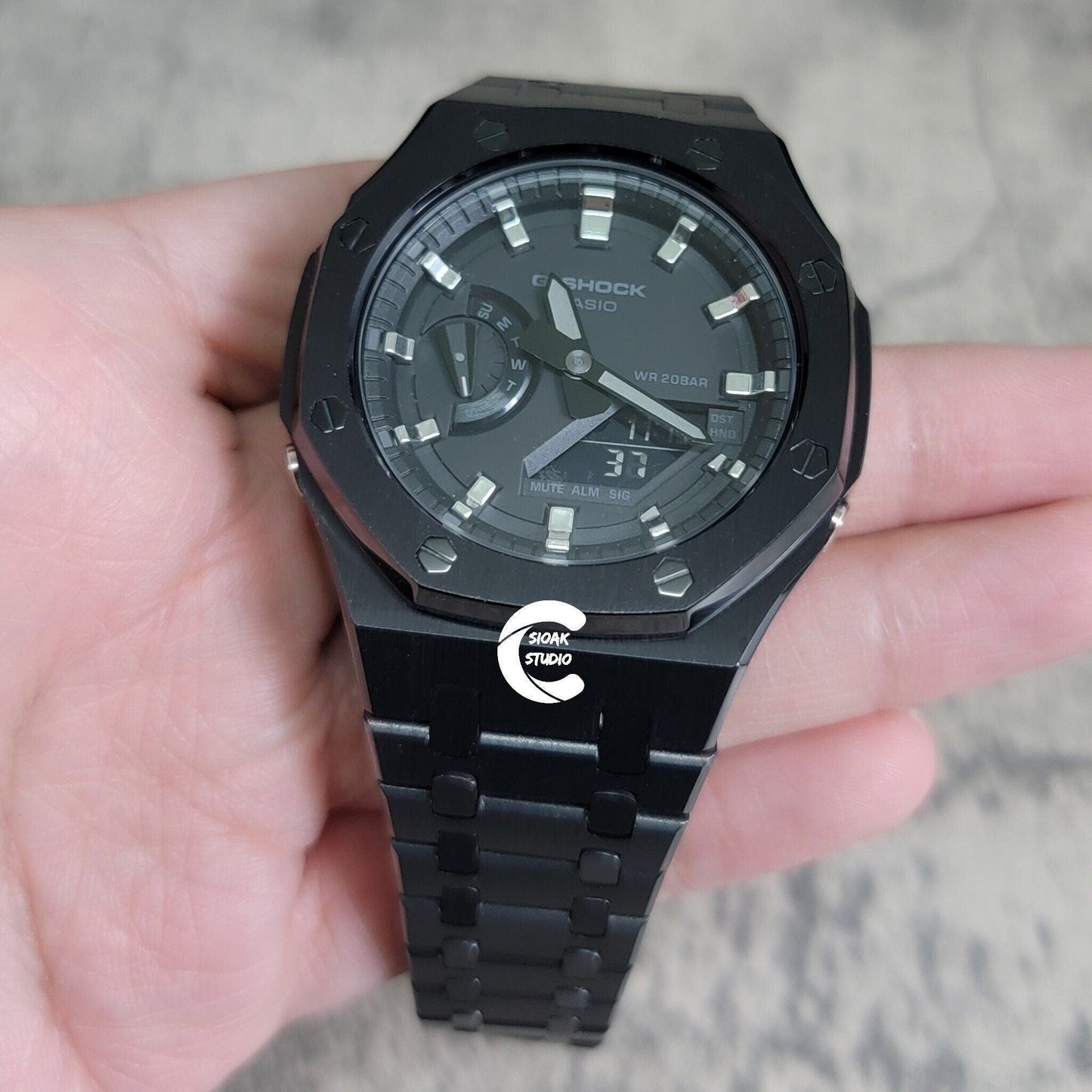 Casioak Mod Watch Black Case Metal Strap Black Silver Time Mark Black Dial 44mm- Casioak Mod Casio G-Shock Royal Oak Custom Mens Luxury Watches Ga2100