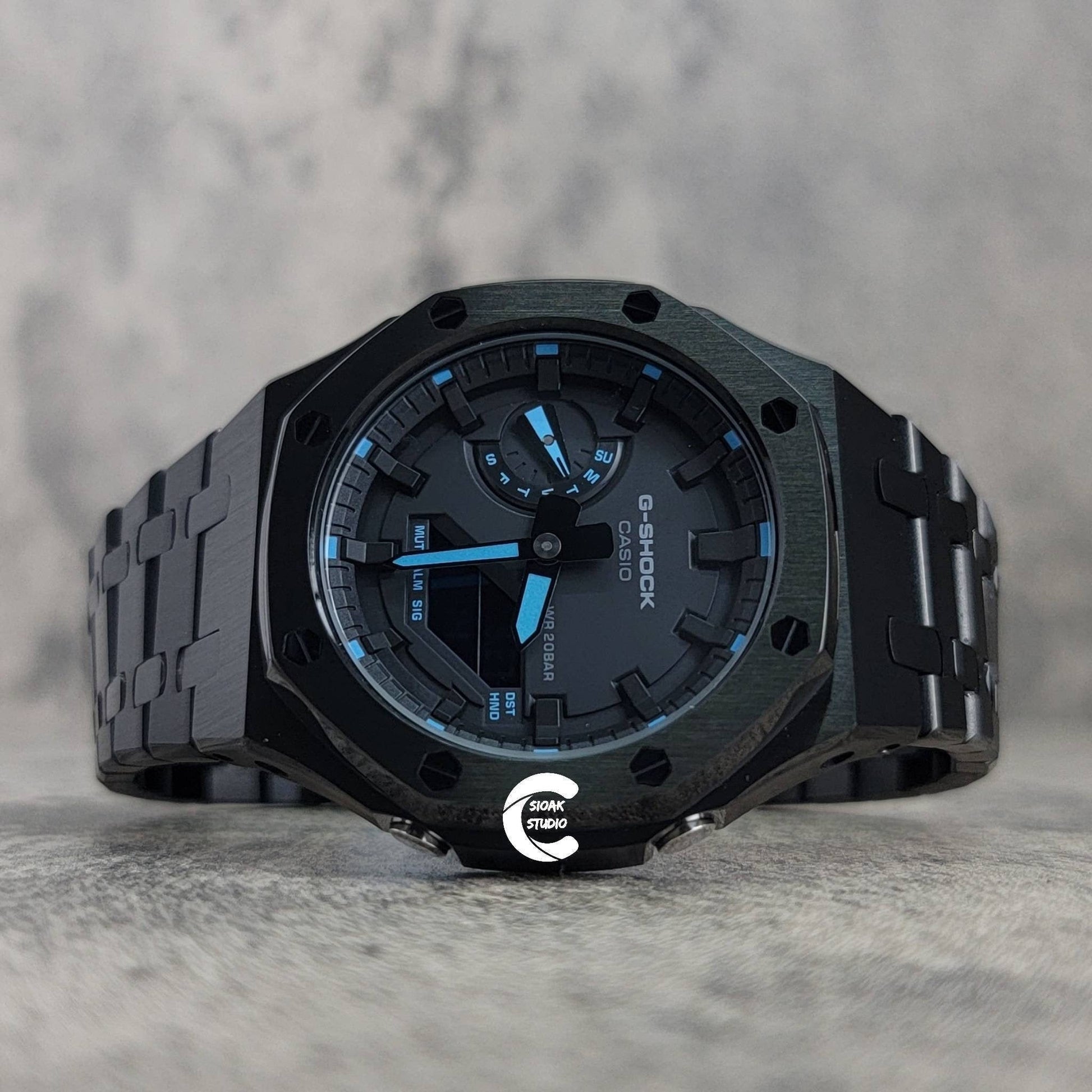 Casioak Mod Watch Black Case Metal Strap Black Time Mark Black Dial 44 mm- Casioak Mod Casio G-Shock Royal Oak Custom Mens Luxury Watches Ga2100