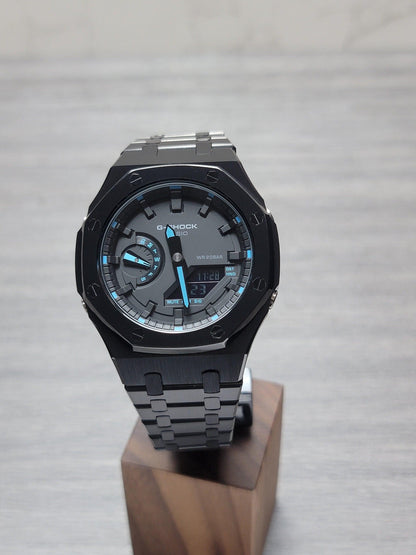 Casioak Mod Watch Black Case Metal Strap Black Time Mark Black Dial 44mm Blue- Casioak Mod Casio G-Shock Royal Oak Custom Mens Luxury Watches Ga2100