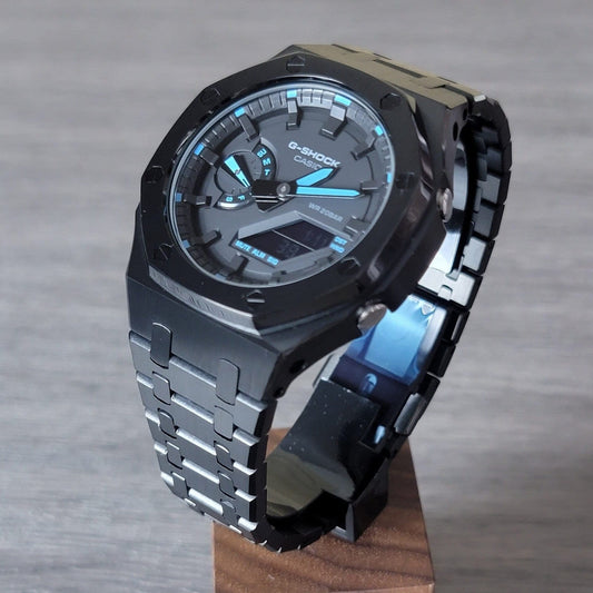 Casioak Mod Watch Black Case Metal Strap Black Time Mark Black Dial 44mm Blue- Casioak Mod Casio G-Shock Royal Oak Custom Mens Luxury Watches Ga2100