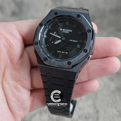 Casioak Mod Watch Black Case Metal Strap Black Time Mark Black Dial 44mm- Casioak Mod Casio G-Shock Royal Oak Custom Mens Luxury Watches Ga2100