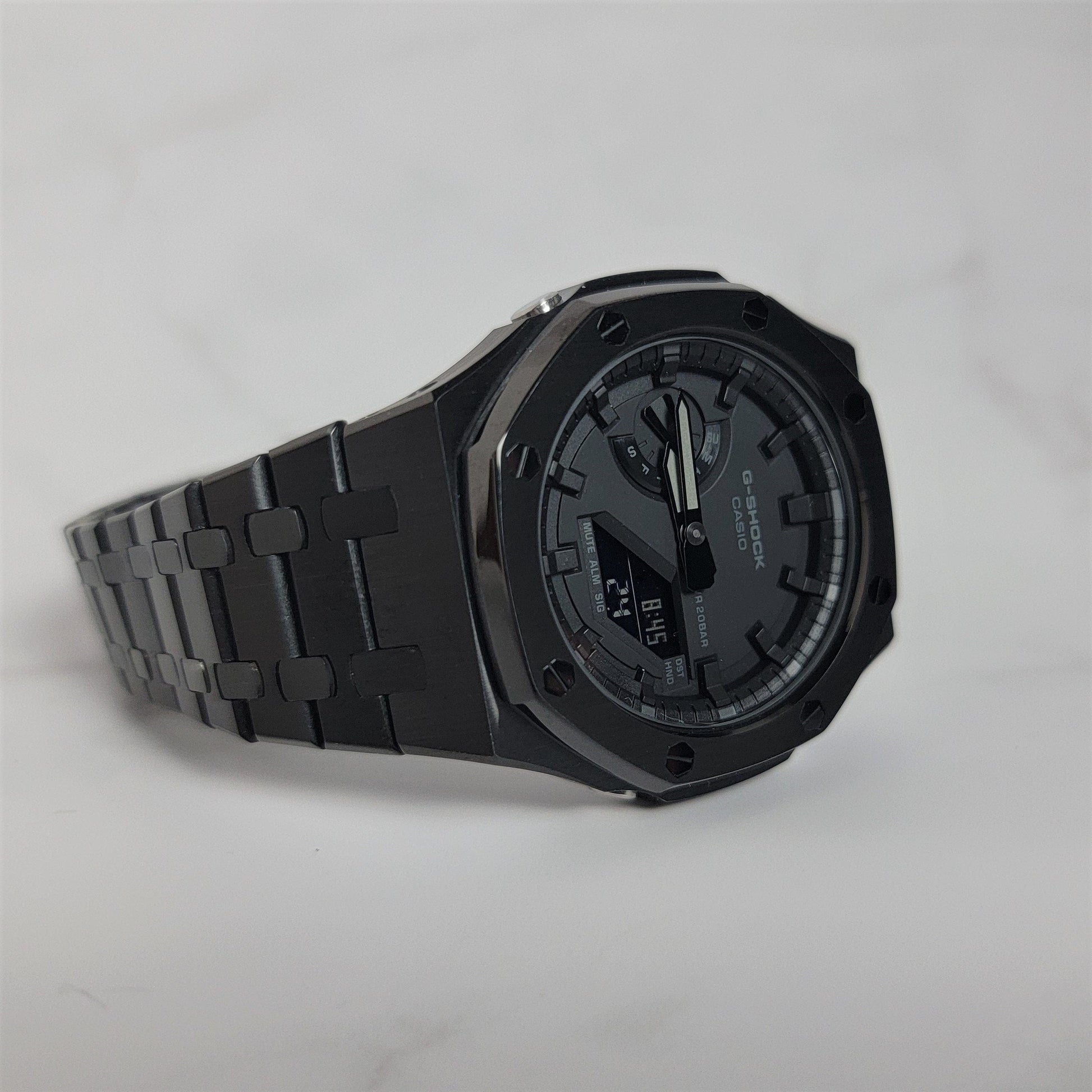 Casioak Mod Watch Black Case Metal Strap Black Time Mark Black Dial 44mm- Casioak Mod Casio G-Shock Royal Oak Custom Mens Luxury Watches Ga2100