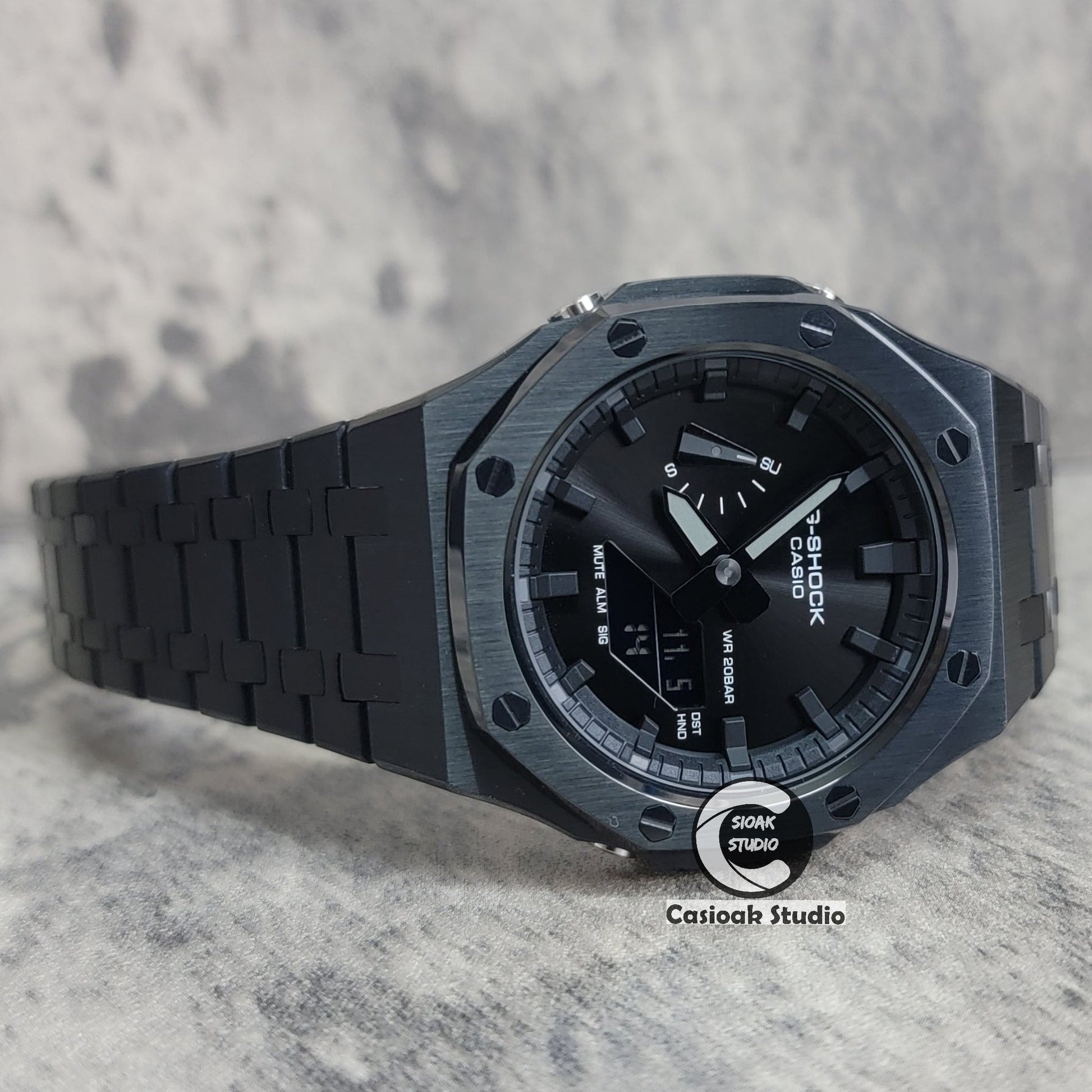 Casioak Mod Watch Black Case Metal Strap Black Time Mark Black Dial 44mm- Casioak Mod Casio G-Shock Royal Oak Custom Mens Luxury Watches Ga2100