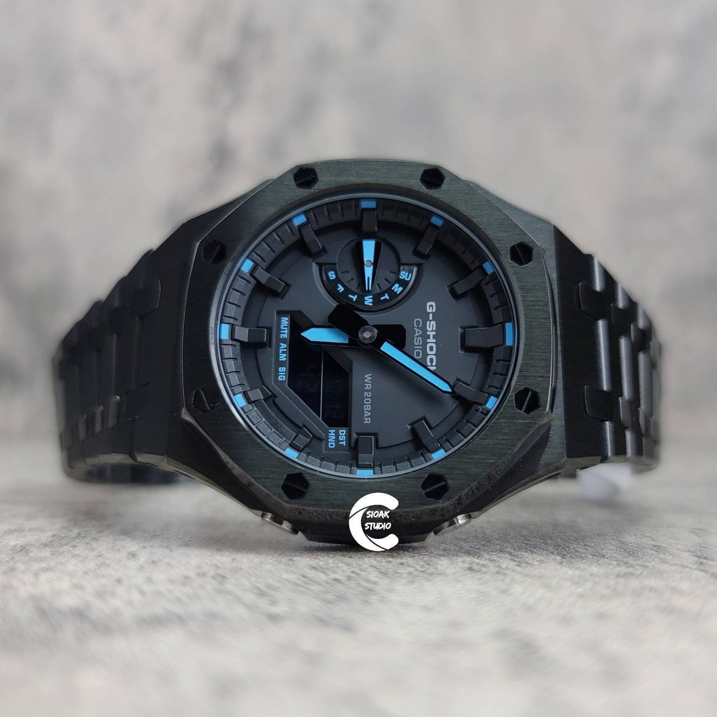 Casioak Mod Watch Black Case Metal Strap Black Time Mark Black Dial 44mm- Casioak Mod Casio G-Shock Royal Oak Custom Mens Luxury Watches Ga2100