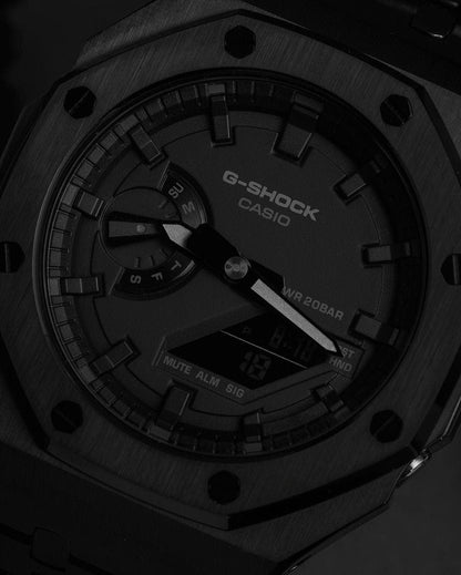 Casioak Mod Watch Black Case Metal Strap Black Time Mark Black Dial 44mm- Casioak Mod Casio G-Shock Royal Oak Custom Mens Luxury Watches Ga2100