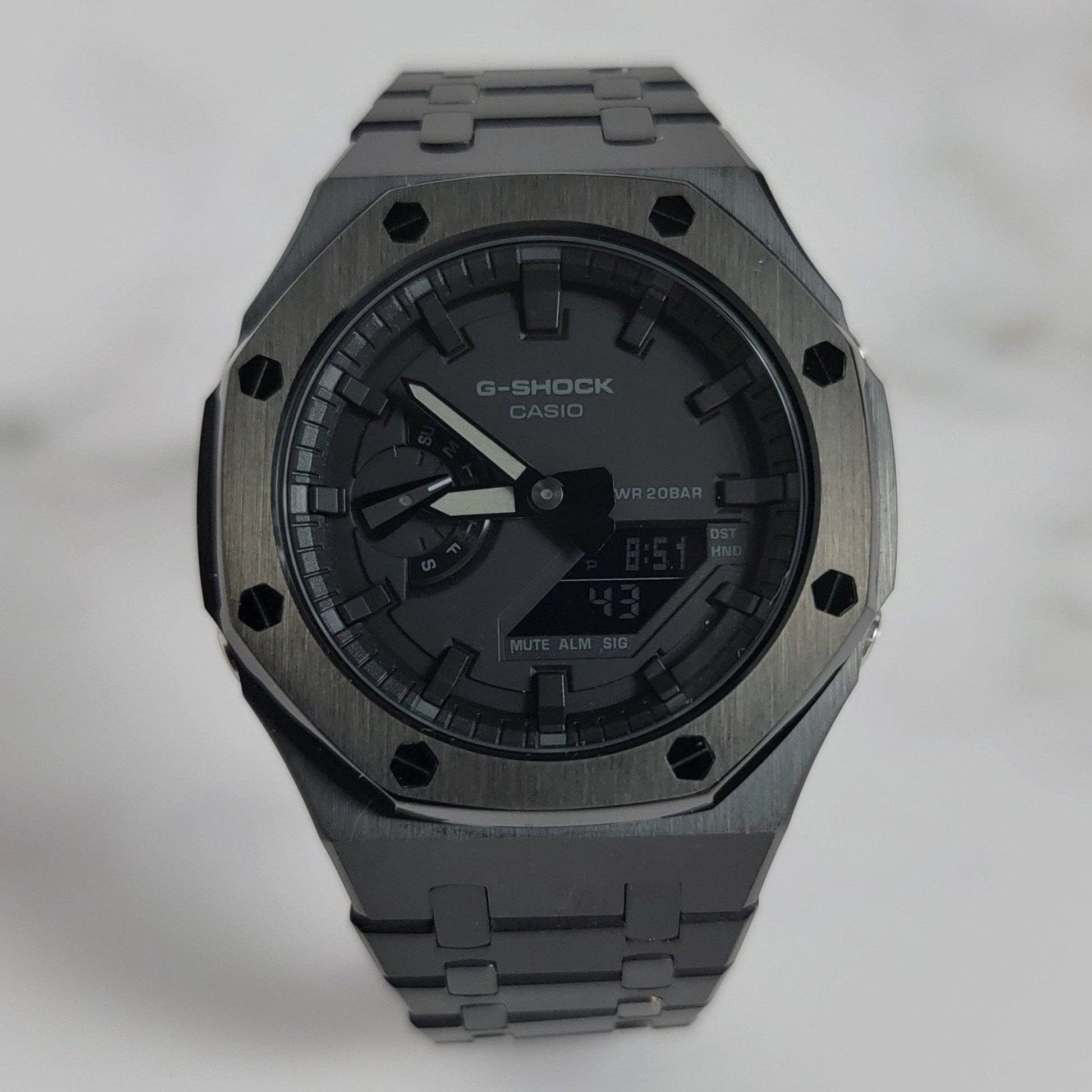 Casioak Mod Watch Black Case Metal Strap Black Time Mark Black Dial 44mm- Casioak Mod Casio G-Shock Royal Oak Custom Mens Luxury Watches Ga2100