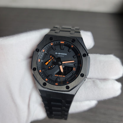 Casioak Mod Watch Black Case Metal Strap Black Time Mark Black Dial 44mm Orange- Casioak Mod Casio G-Shock Royal Oak Custom Mens Luxury Watches Ga2100