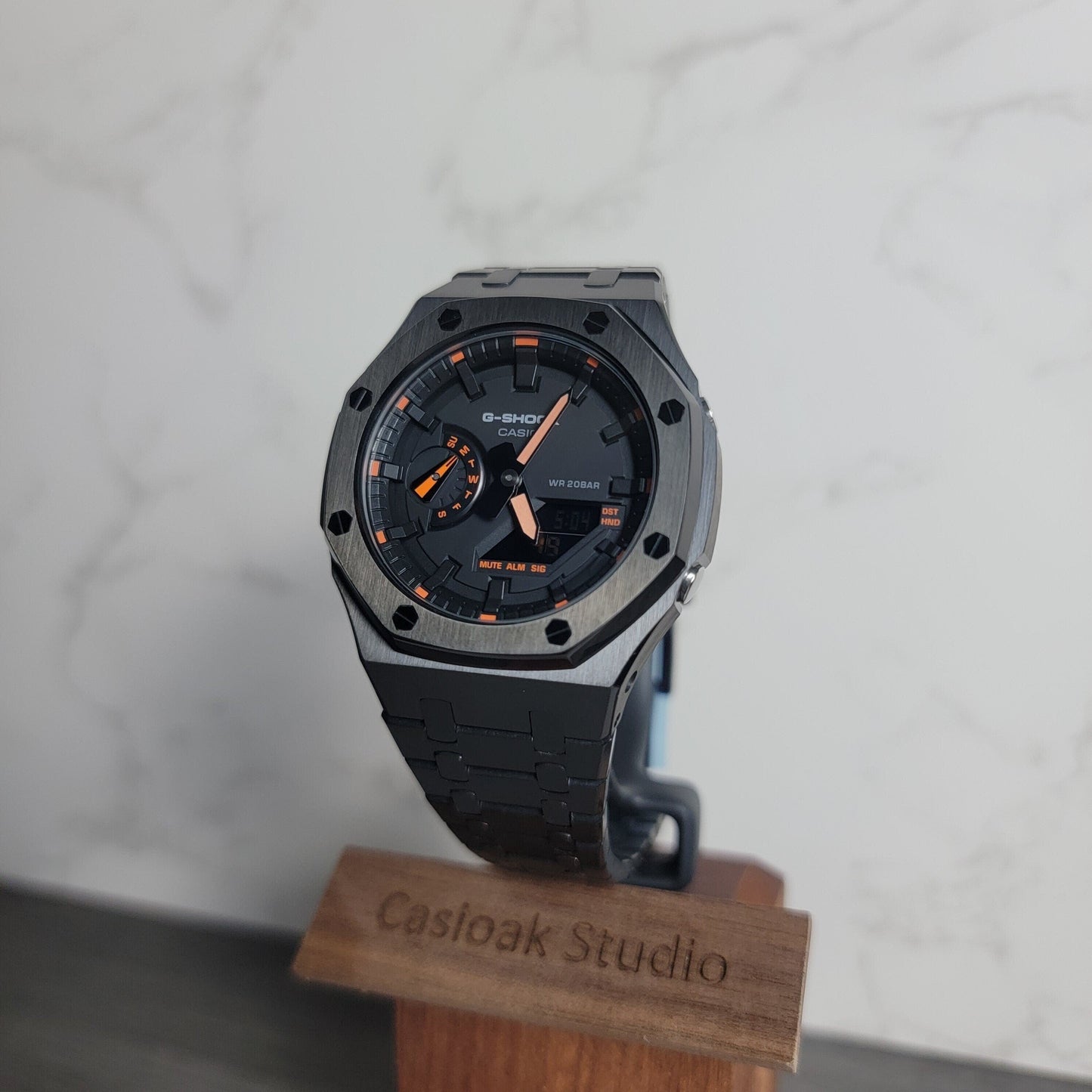 Casioak Mod Watch Black Case Metal Strap Black Time Mark Black Dial 44mm Orange- Casioak Mod Casio G-Shock Royal Oak Custom Mens Luxury Watches Ga2100