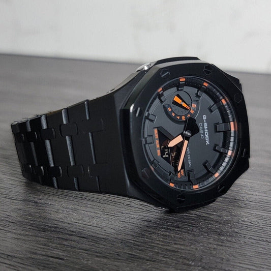 Casioak Mod Watch Black Case Metal Strap Black Time Mark Black Dial 44mm Orange- Casioak Mod Casio G-Shock Royal Oak Custom Mens Luxury Watches Ga2100