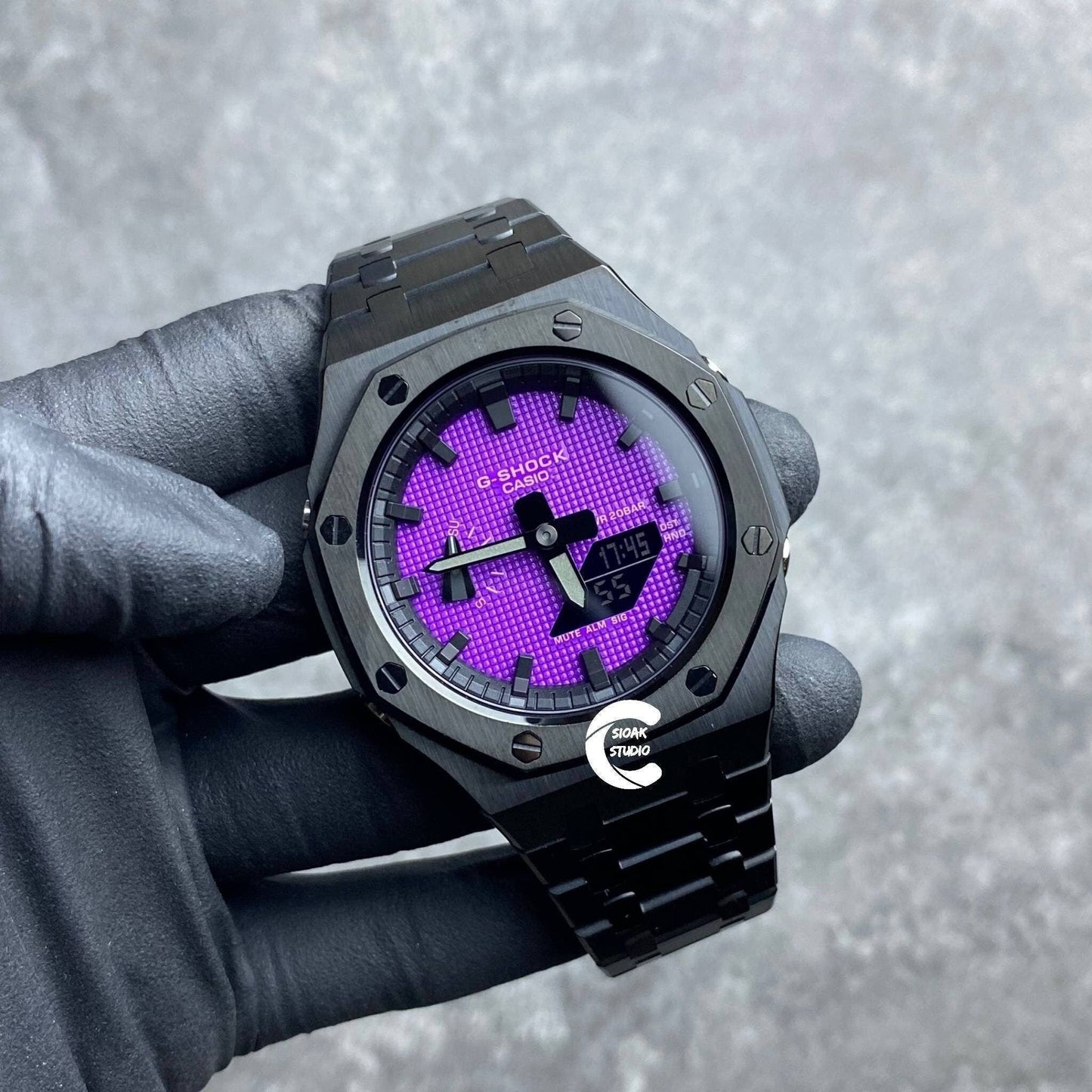 Casioak Mod Watch Black Case Metal Strap Black Time Mark Purple Dial 44mm- Casioak Mod Casio G-Shock Royal Oak Custom Mens Luxury Watches Ga2100