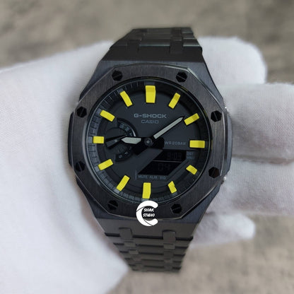 Casioak Mod Watch Black Case Metal Strap Black Yellow Time Mark Black Dial 44mm- Casioak Mod Casio G-Shock Royal Oak Custom Mens Luxury Watches Ga2100