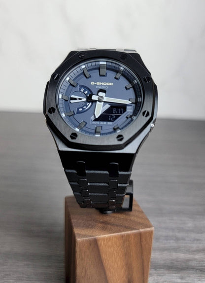 Casioak Mod Watch Black Case Metal Strap Blue Black Time Mark Blue Dial 44mm- Casioak Mod Casio G-Shock Royal Oak Custom Mens Luxury Watches Ga2100