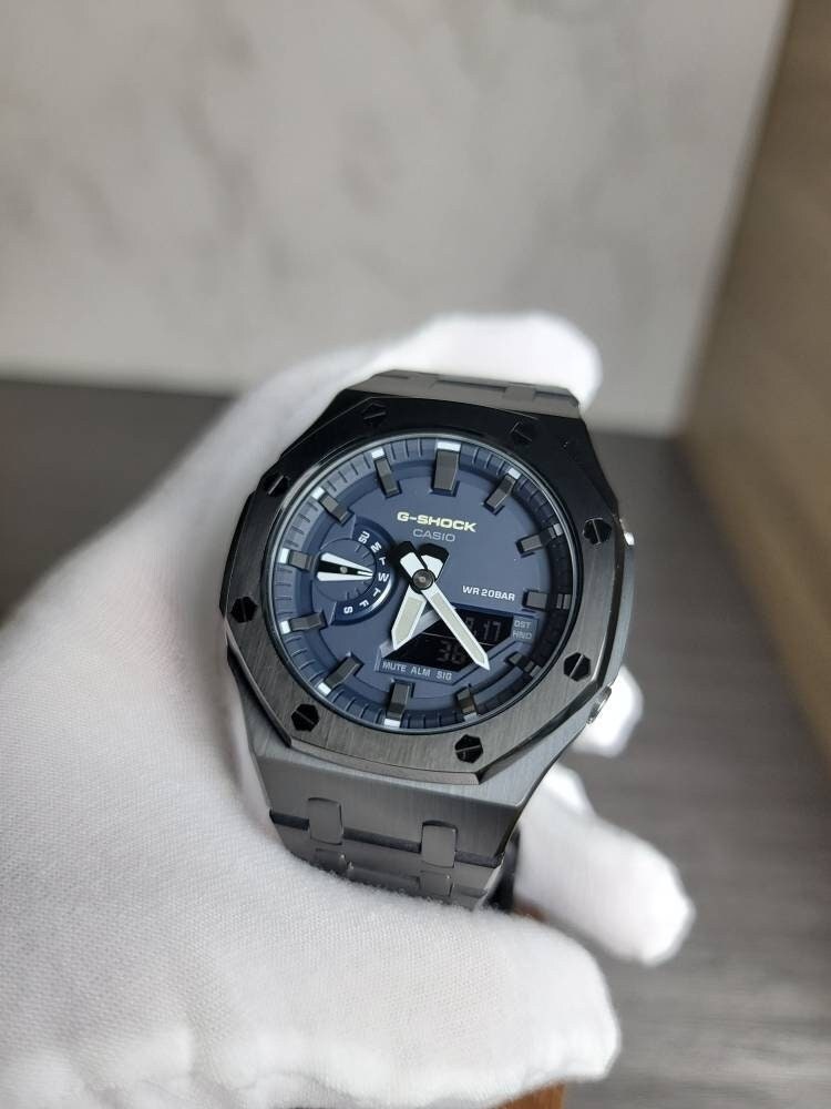 Casioak Mod Watch Black Case Metal Strap Blue Black Time Mark Blue Dial 44mm- Casioak Mod Casio G-Shock Royal Oak Custom Mens Luxury Watches Ga2100