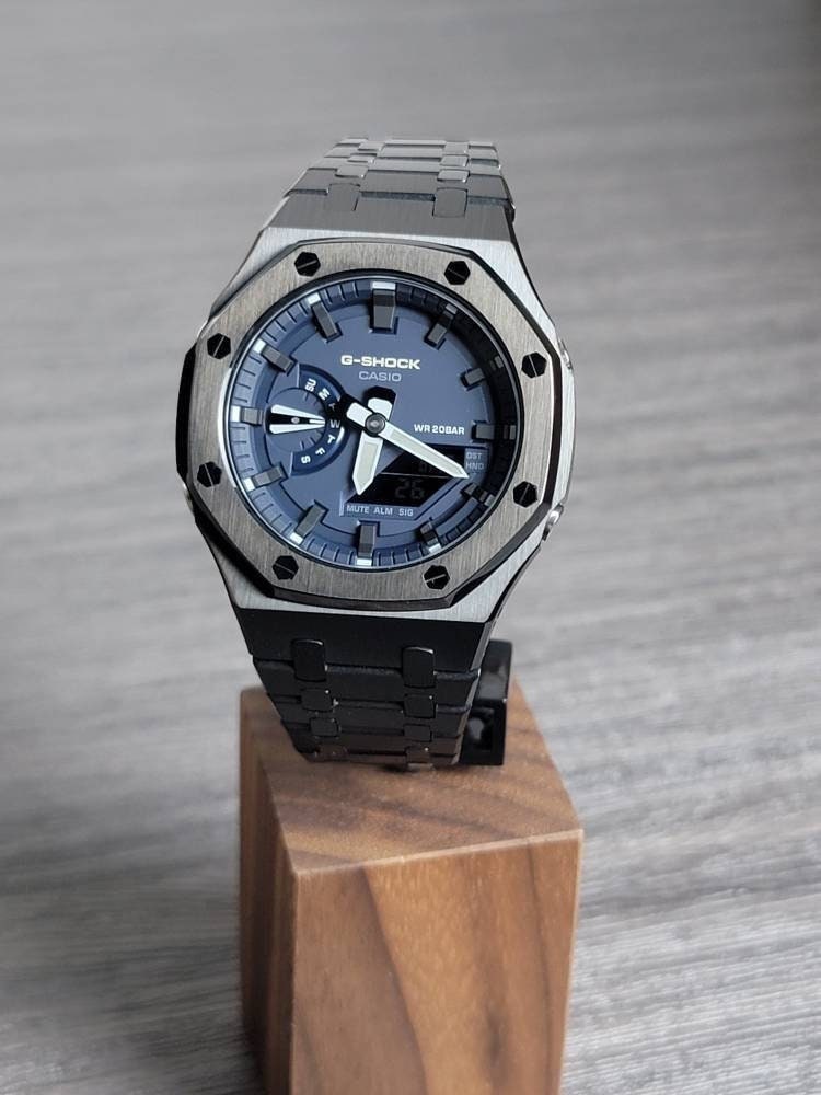 Casioak Mod Watch Black Case Metal Strap Blue Black Time Mark Blue Dial 44mm- Casioak Mod Casio G-Shock Royal Oak Custom Mens Luxury Watches Ga2100