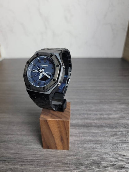 Casioak Mod Watch Black Case Metal Strap Blue Black Time Mark Blue Dial 44mm- Casioak Mod Casio G-Shock Royal Oak Custom Mens Luxury Watches Ga2100