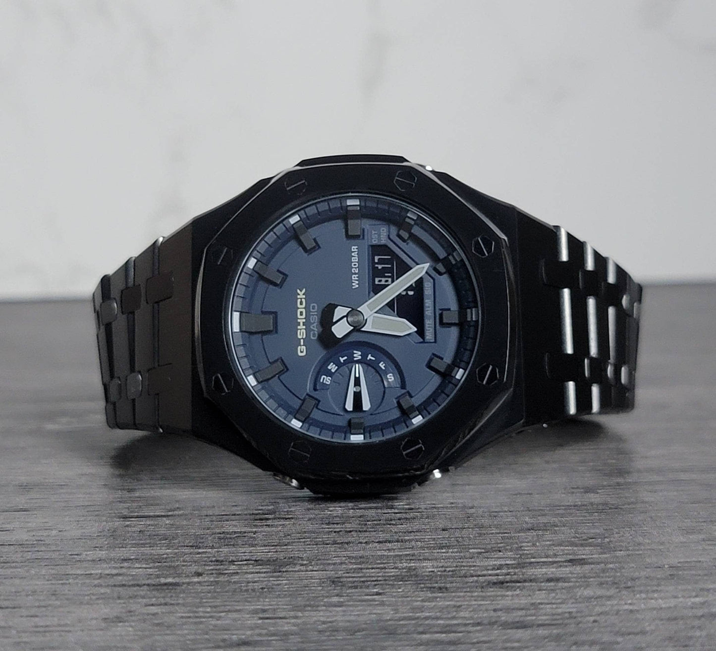 Casioak Mod Watch Black Case Metal Strap Blue Black Time Mark Blue Dial 44mm- Casioak Mod Casio G-Shock Royal Oak Custom Mens Luxury Watches Ga2100