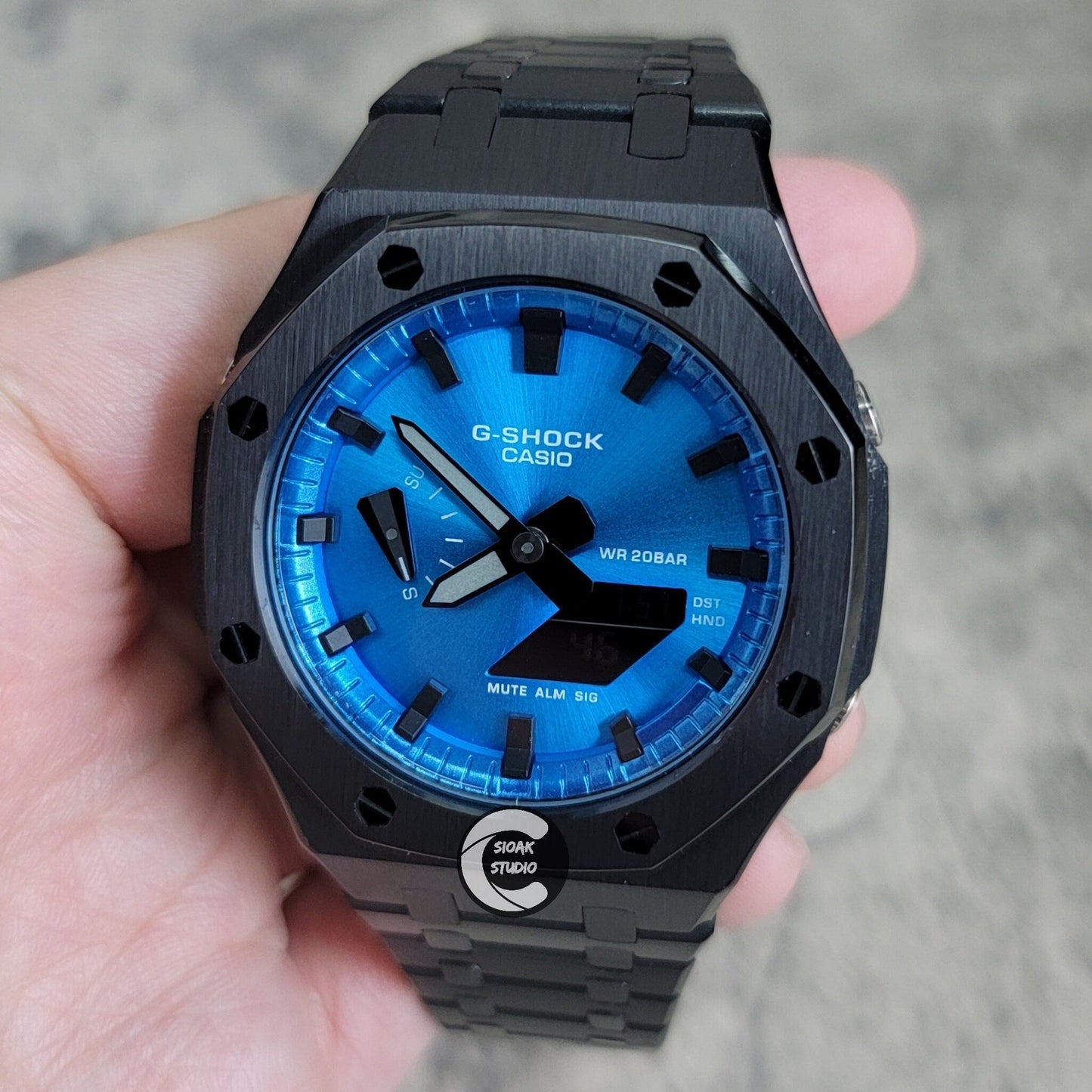 Casioak Mod Watch Black Case Metal Strap Blue Black Time Mark Metallic Blue Dial 44mm- Casioak Mod Casio G-Shock Royal Oak Custom Mens Luxury Watches Ga2100