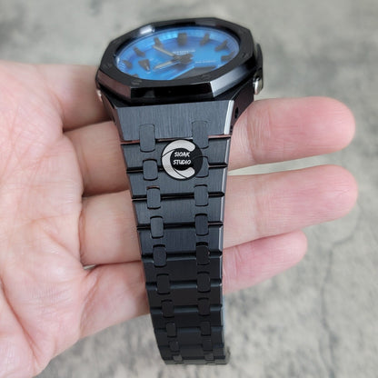 Casioak Mod Watch Black Case Metal Strap Blue Black Time Mark Metallic Blue Dial 44mm- Casioak Mod Casio G-Shock Royal Oak Custom Mens Luxury Watches Ga2100