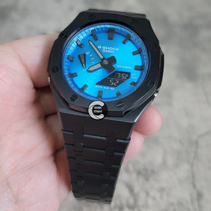 Casioak Mod Watch Black Case Metal Strap Blue Black Time Mark Metallic Blue Dial 44mm- Casioak Mod Casio G-Shock Royal Oak Custom Mens Luxury Watches Ga2100