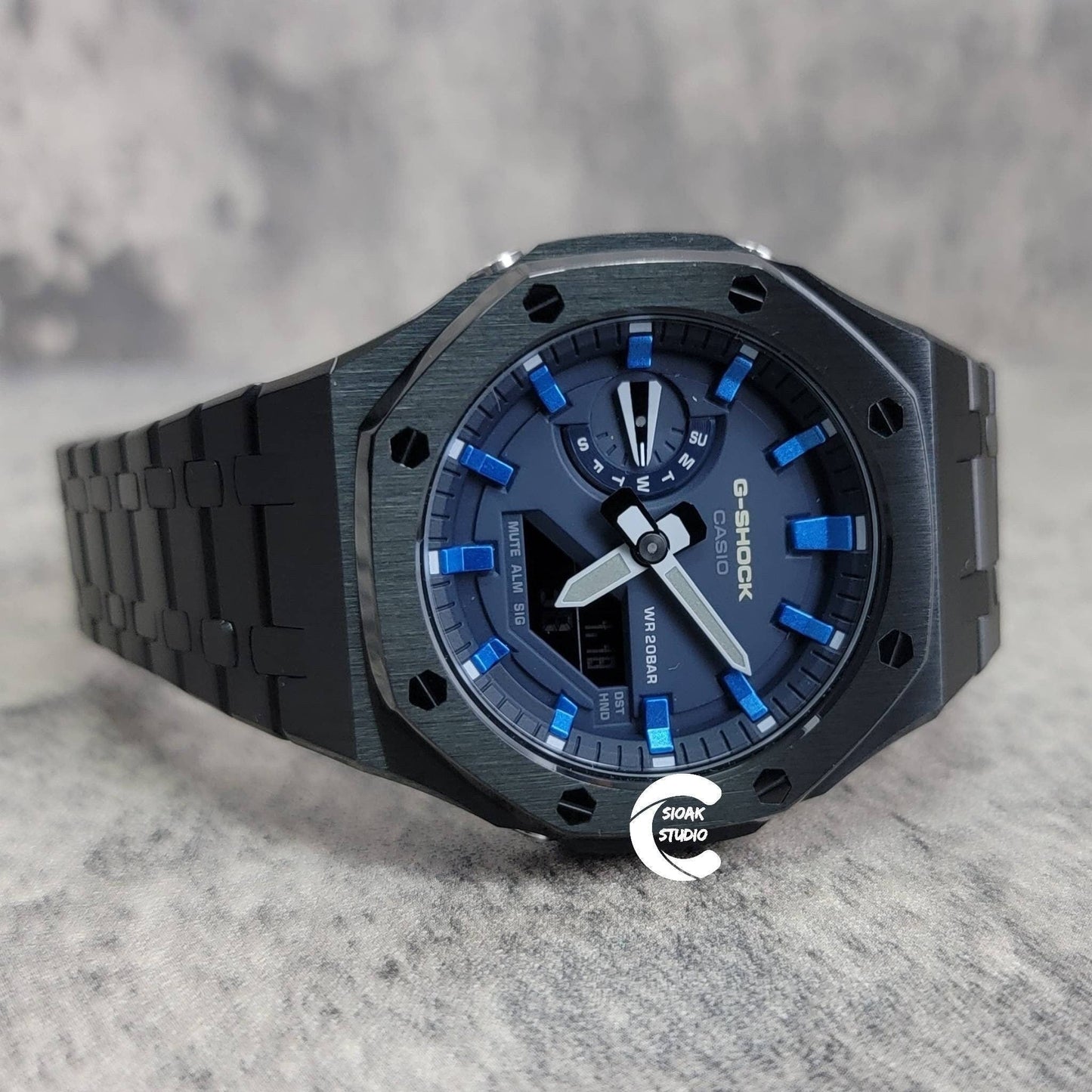 Casioak Mod Watch Black Case Metal Strap Blue Blue Time Mark Blue Dial 44mm- Casioak Mod Casio G-Shock Royal Oak Custom Mens Luxury Watches Ga2100