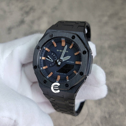 Casioak Mod Watch Black Case Metal Strap Blue Rose Gold Time Mark Blue Dial 44mm- Casioak Mod Casio G-Shock Royal Oak Custom Mens Luxury Watches Ga2100