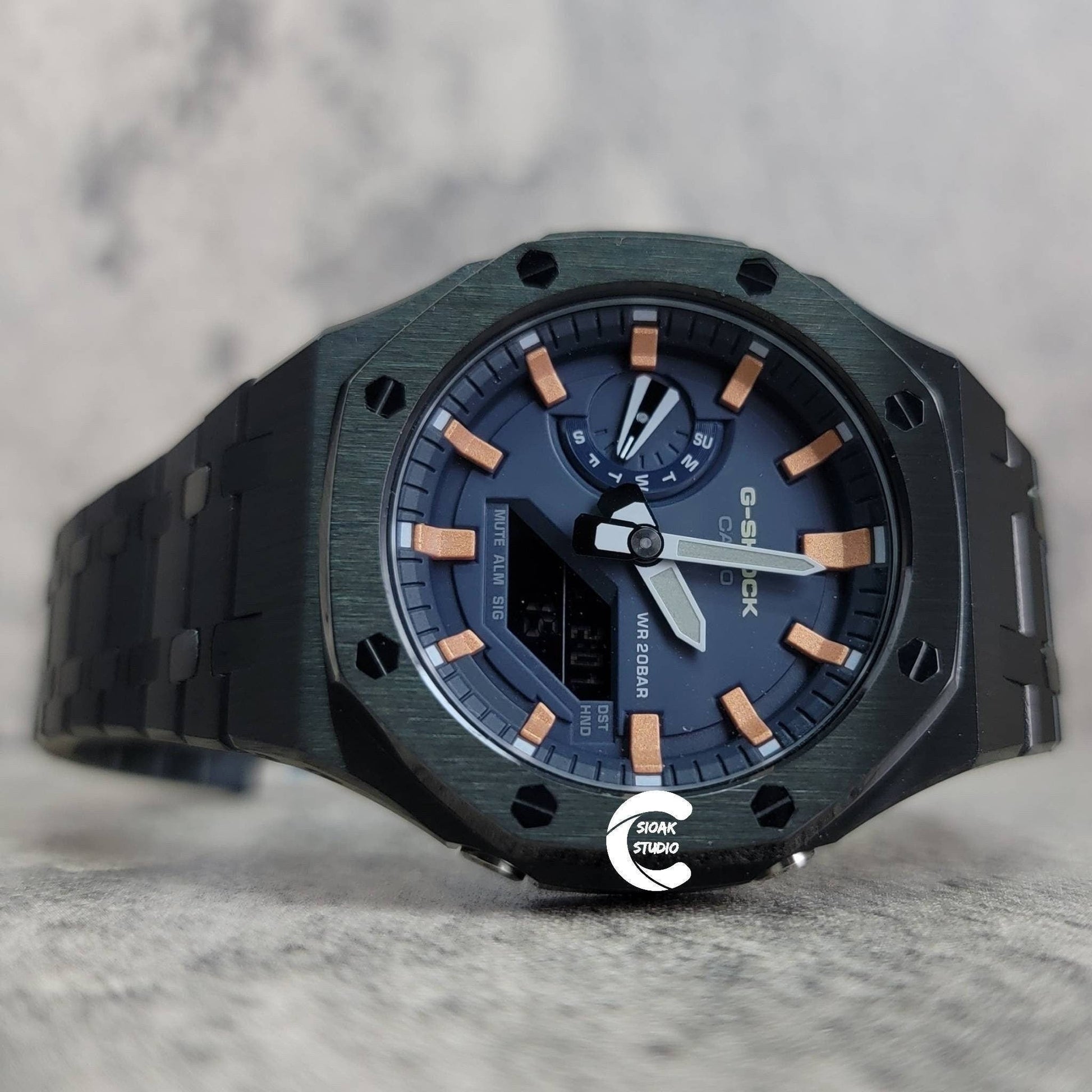 Casioak Mod Watch Black Case Metal Strap Blue Rose Gold Time Mark Blue Dial 44mm- Casioak Mod Casio G-Shock Royal Oak Custom Mens Luxury Watches Ga2100