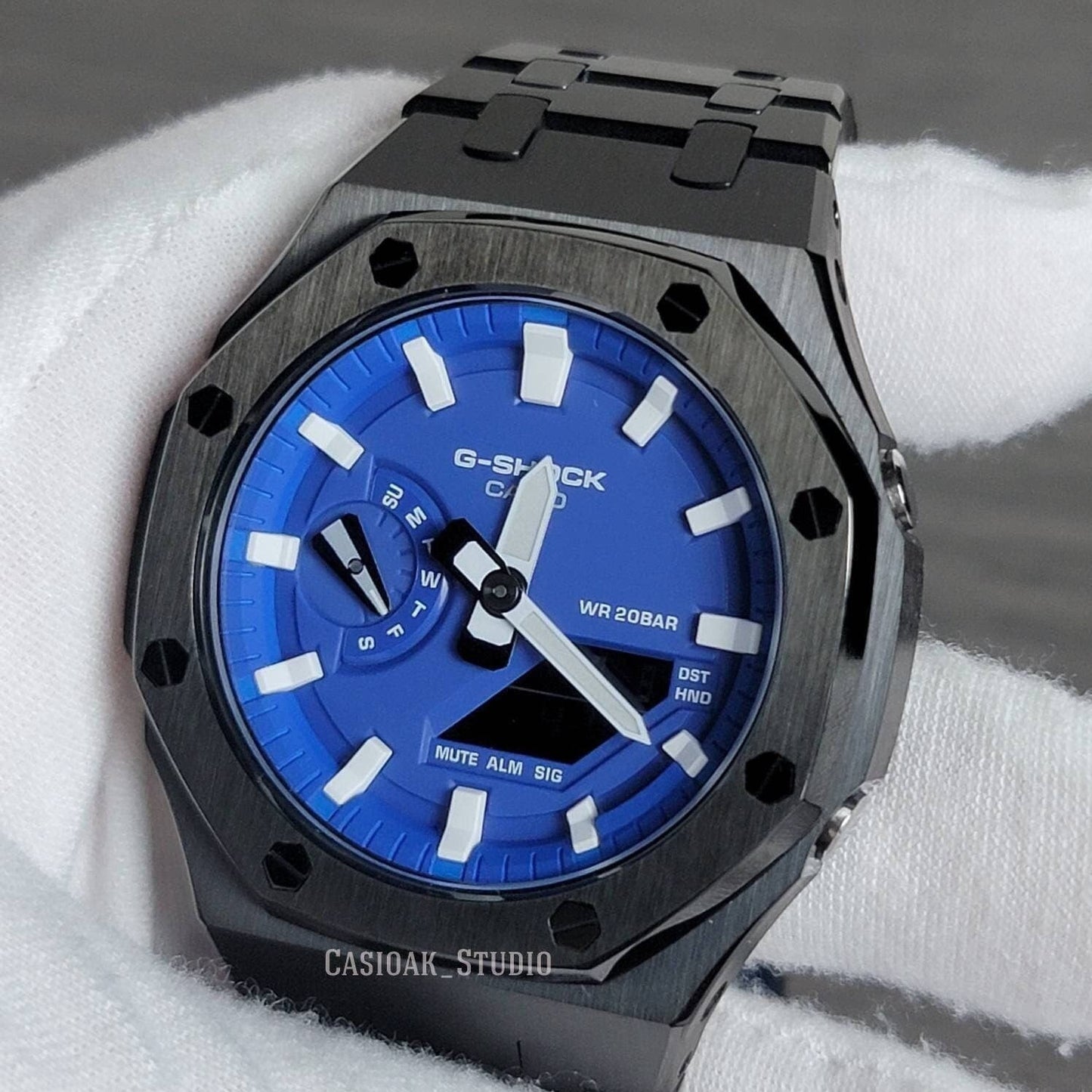 Casioak Mod Watch Black Case Metal Strap Blue White Time Mark Blue Dial 44mm- Casioak Mod Casio G-Shock Royal Oak Custom Mens Luxury Watches Ga2100