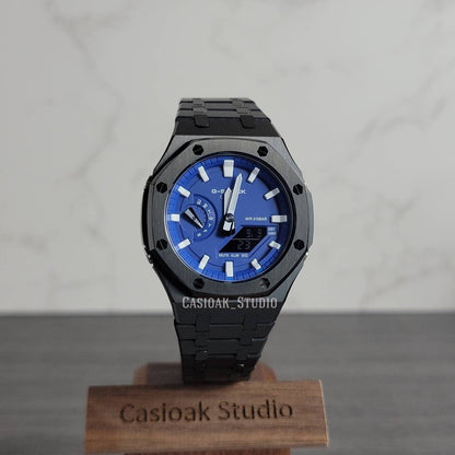 Casioak Mod Watch Black Case Metal Strap Blue White Time Mark Blue Dial 44mm- Casioak Mod Casio G-Shock Royal Oak Custom Mens Luxury Watches Ga2100