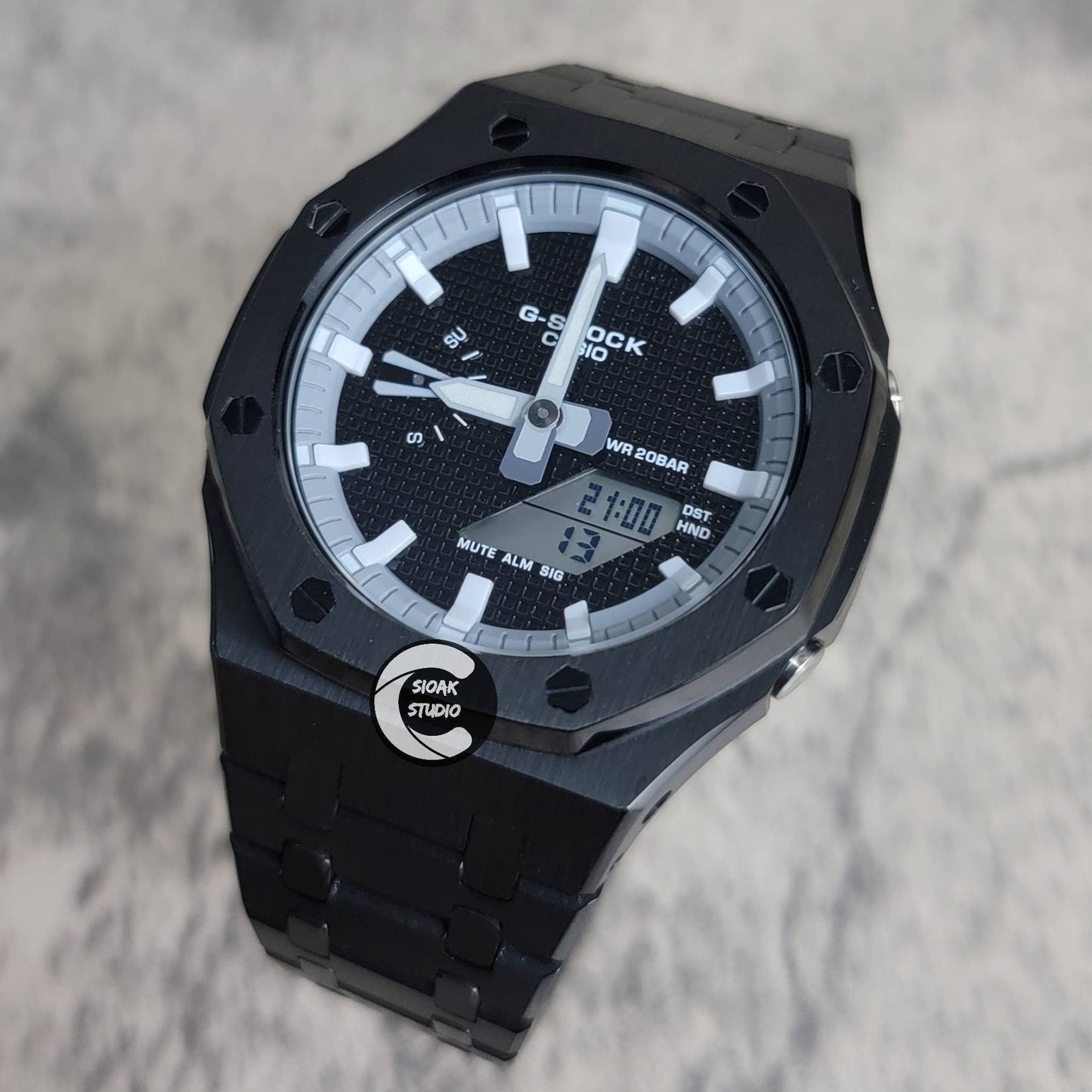 Casioak Mod Watch Black Case Metal Strap Gray White Time Mark Black Waffle Dial 44mm- Casioak Mod Casio G-Shock Royal Oak Custom Mens Luxury Watches Ga2100