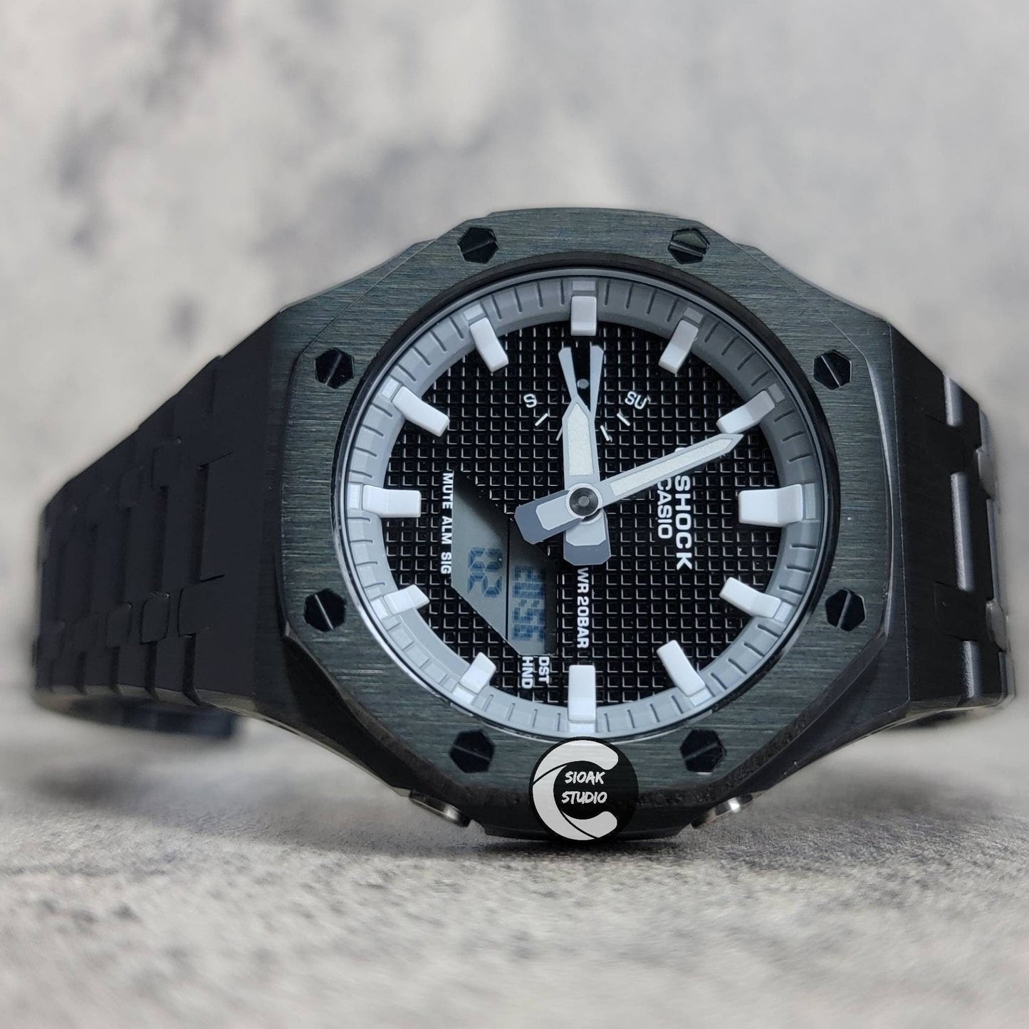 Casioak Mod Watch Black Case Metal Strap Gray White Time Mark Black Waffle Dial 44mm- Casioak Mod Casio G-Shock Royal Oak Custom Mens Luxury Watches Ga2100