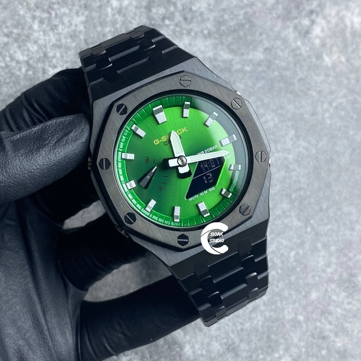 Casioak Mod Watch Black Case Metal Strap Green Time Mark Green Dial 44mm- Casioak Mod Casio G-Shock Royal Oak Custom Mens Luxury Watches Ga2100