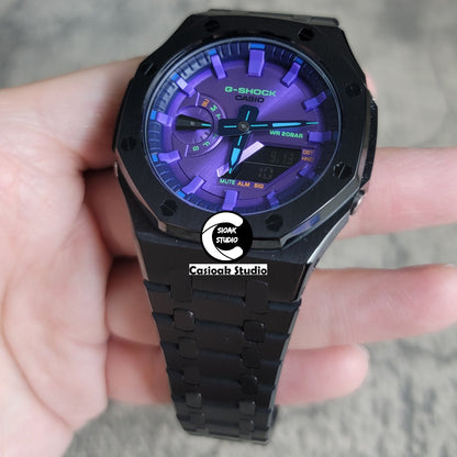 Casioak Mod Watch Black Case Metal Strap Purple Time Mark Purple Dial 44mm- Casioak Mod Casio G-Shock Royal Oak Custom Mens Luxury Watches Ga2100