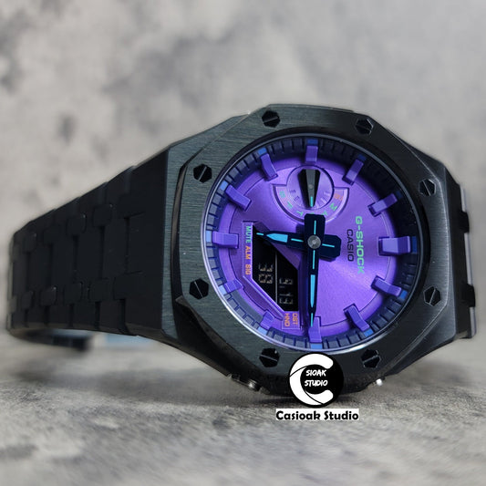 Casioak Mod Watch Black Case Metal Strap Purple Time Mark Purple Dial 44mm- Casioak Mod Casio G-Shock Royal Oak Custom Mens Luxury Watches Ga2100