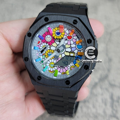 Casioak Mod Watch Black Case Metal Strap Rainbow Time Mark Takashi Murakami Dial 44mm- Casioak Mod Casio G-Shock Royal Oak Custom Mens Luxury Watches Ga2100